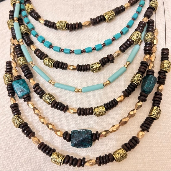 Bohemian Faux Turquoise and Gold Beaded Multi-Strand Necklace - Picture 2 of 3